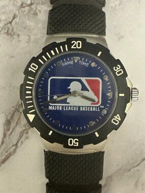 Game Time MLB Baseball Watch Men Silver Tone Blue Dial Black Band New Battery